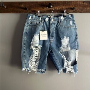 Blue Distressed Jean Shorts with Frayed Hem